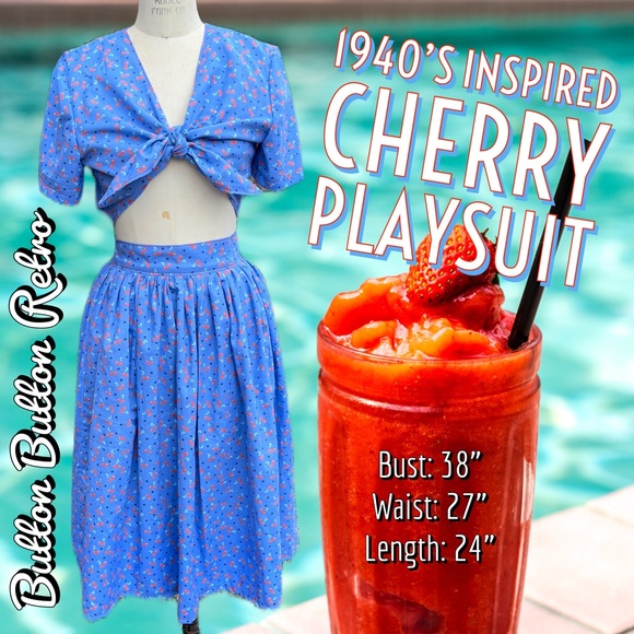 1940’s Inspired Blue Cherries Playsuit Top & Skirt Set with Pockets - Picture 2 of 3